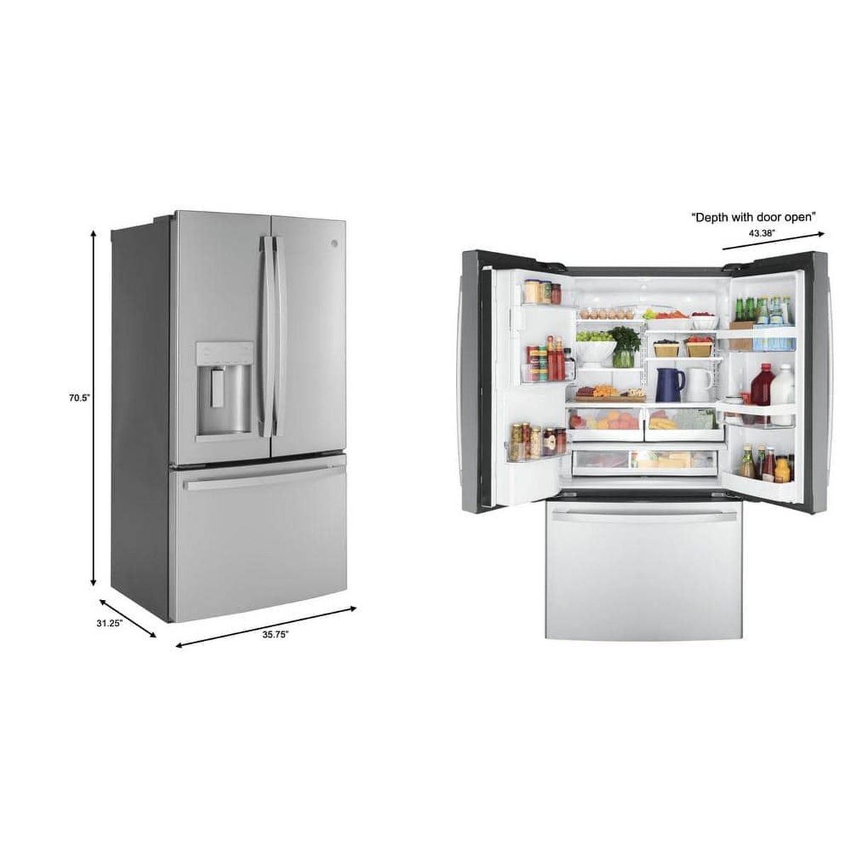 GE stainless steel French door refrigerator shown closed and open with labeled height, width, depth, and door-open clearance