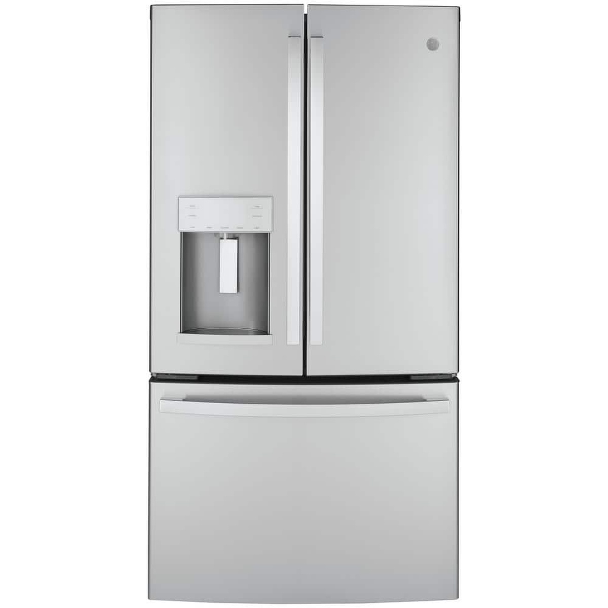 Front view of GE fingerprint resistant stainless steel French door refrigerator with external ice and water dispenser