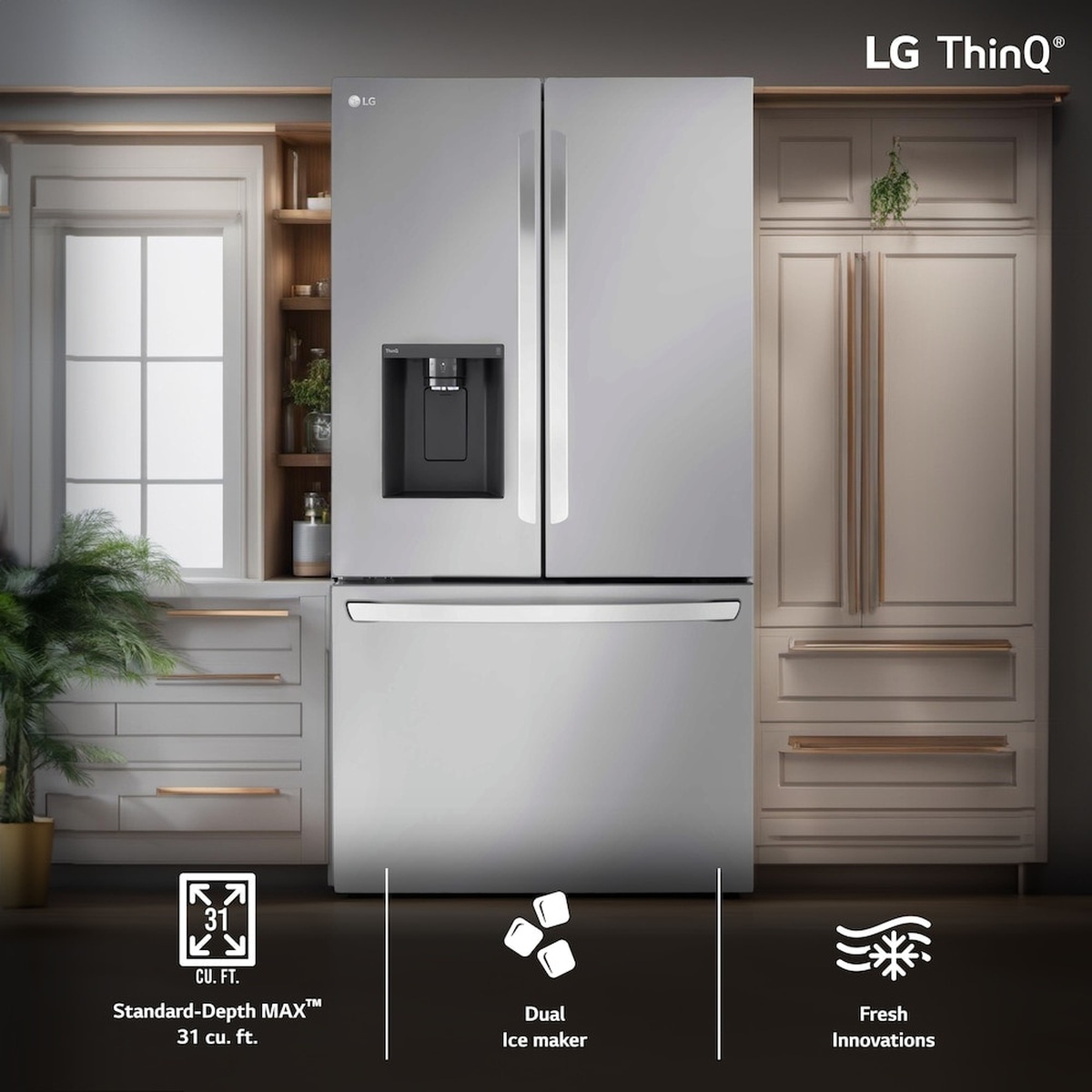 LG ThinQ French door refrigerator in a kitchen showing the external dispenser on the left door