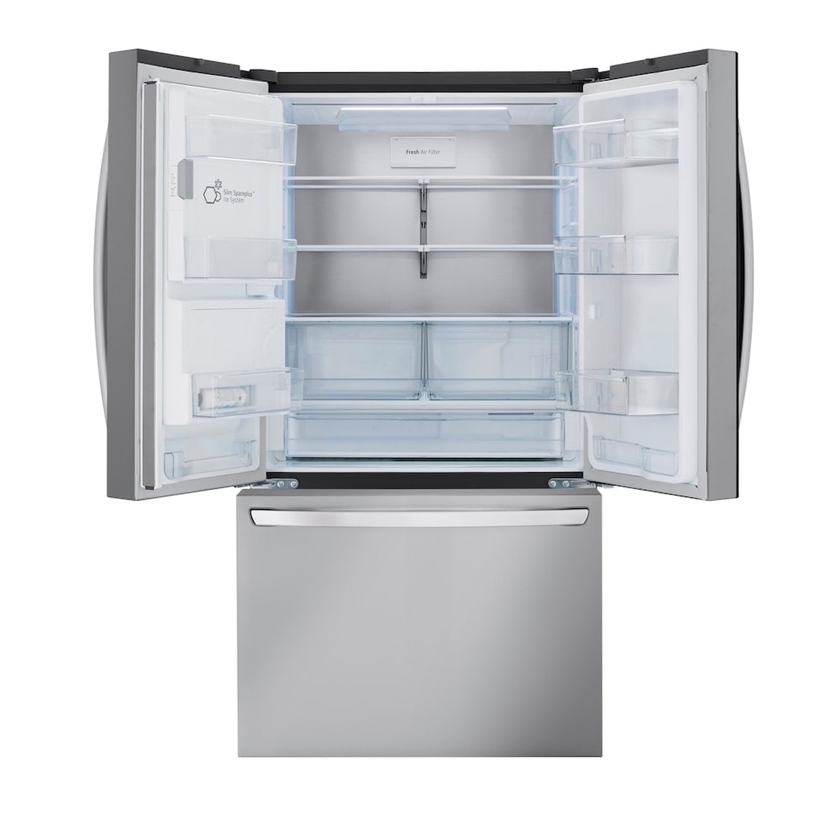 Interior view of the LG French door refrigerator with shelves, door bins, two clear crisper drawers, and an in-door ice system