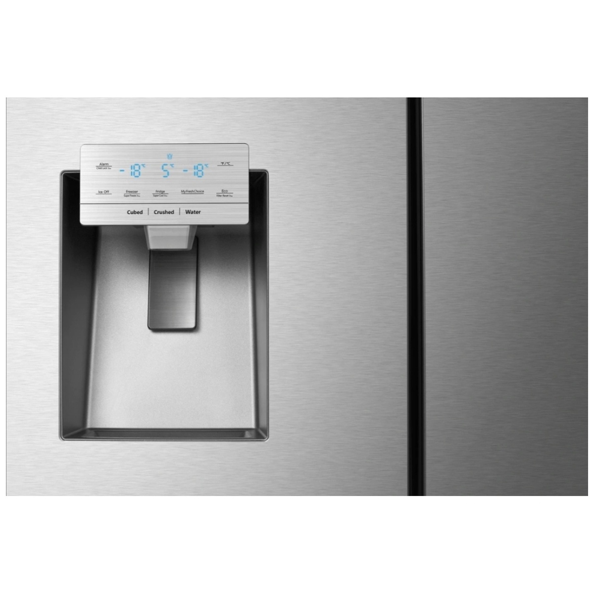 Close-up of the Hisense refrigerator door dispenser with digital touch controls and ice and water selection