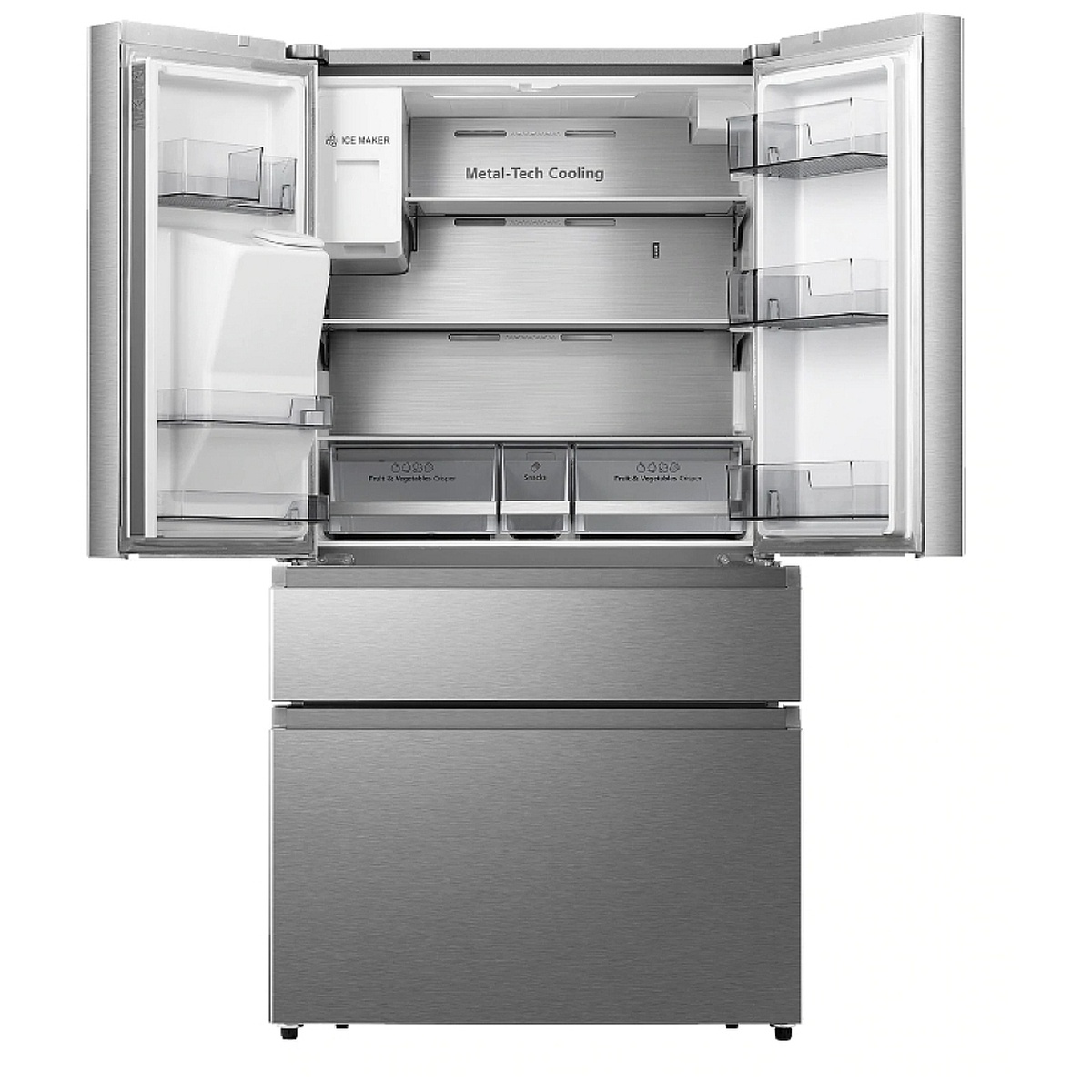Open Hisense RF200D4CSE refrigerator showing the Metal-Tech Cooling back panel, adjustable shelves, door bins, and crispers