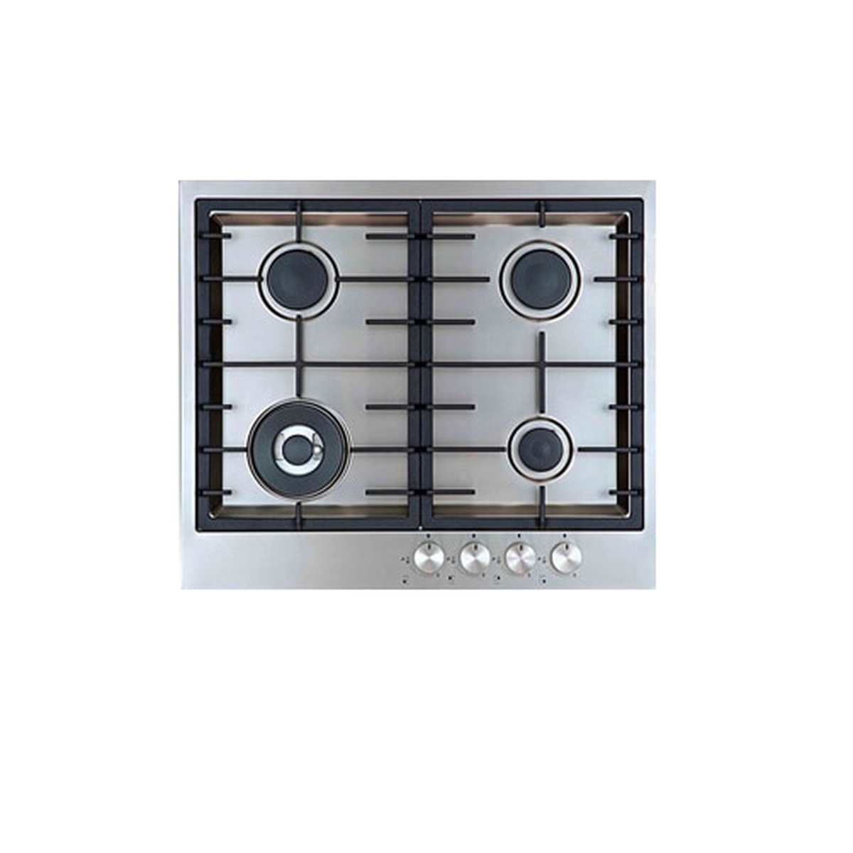 Top view of a stainless steel AEG gas cooktop with four burners, cast iron grates, and four front control knobs