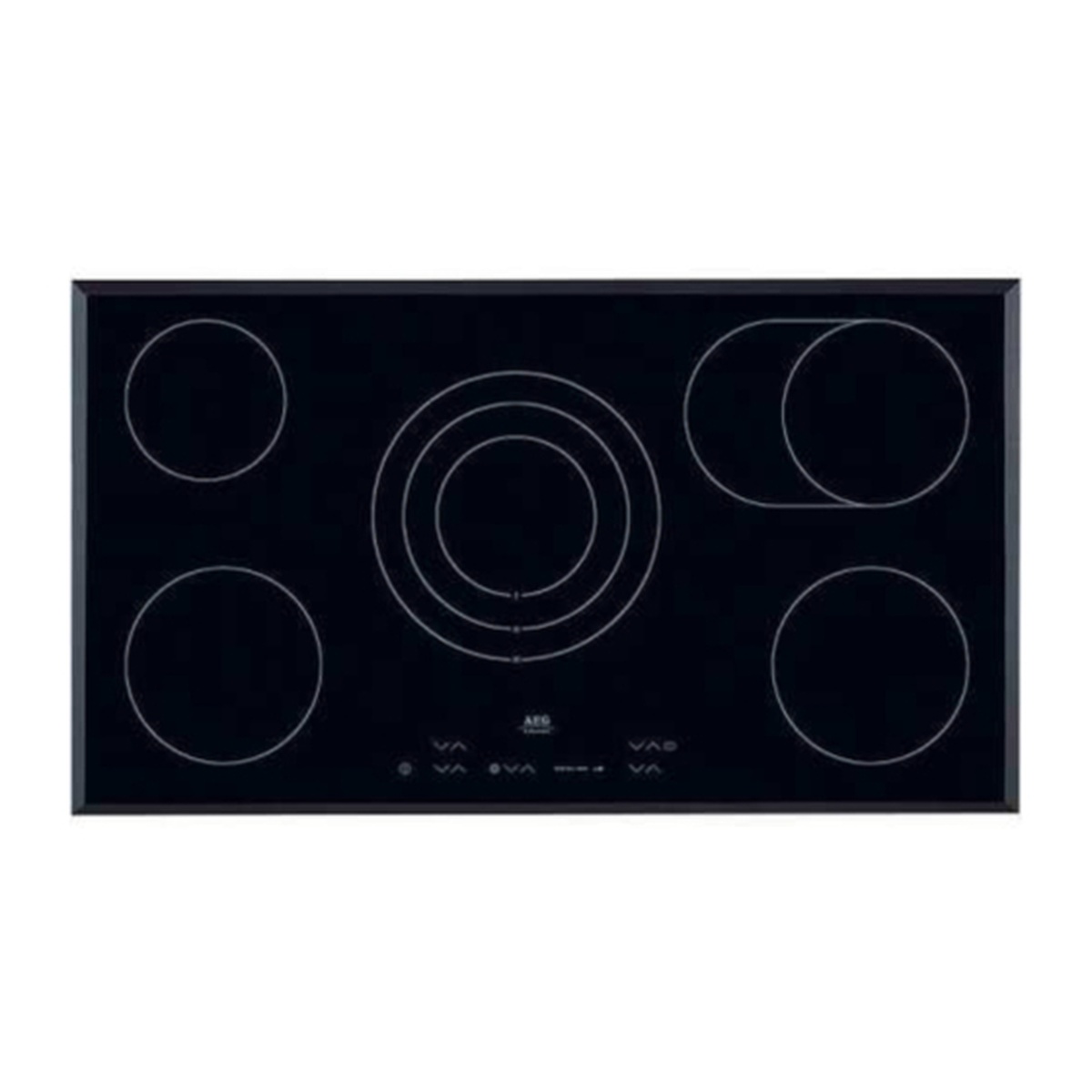 Black AEG ceramic glass cooktop with five cooking zones, including a triple-ring center zone and an oval zone, plus touch controls along the front