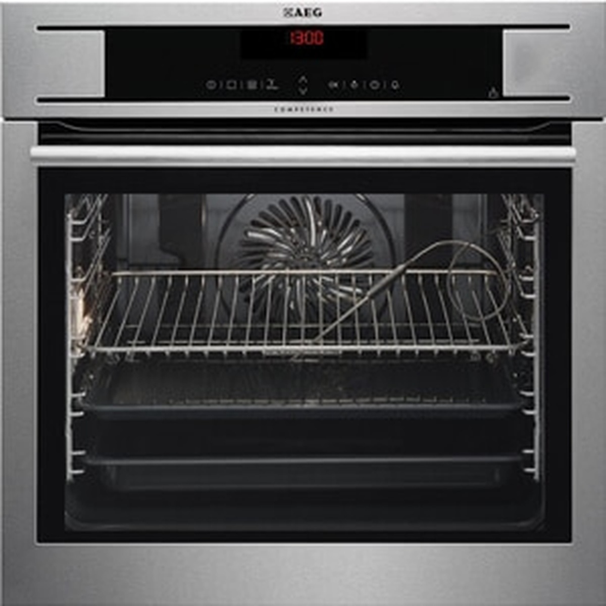 Front view of the AEG BP730410MM stainless built-in wall oven with a digital clock display, touch controls, and a glass door showing interior racks