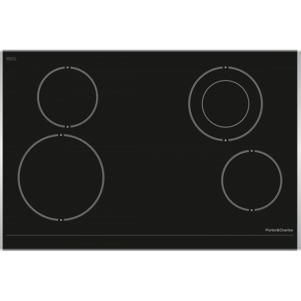 Black ceramic glass cooktop showing four circular cooking zones, including a dual-ring zone, with Porter & Charles logo in the corner