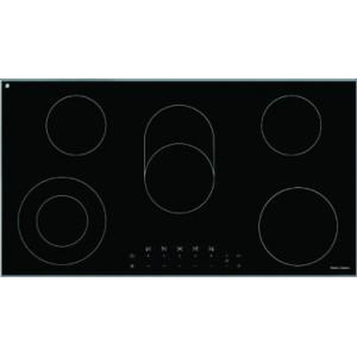 Black ceramic glass electric cooktop with five outlined cooking zones and a front control panel