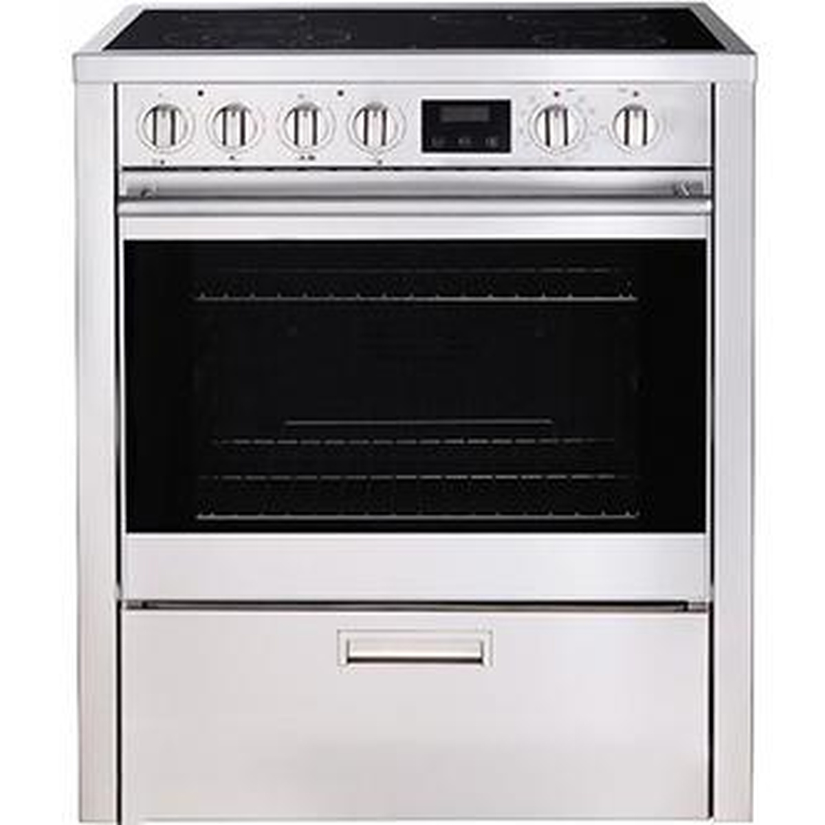 Stainless steel 30 inch electric range with smooth black glass cooktop, front control knobs, and a centered digital display