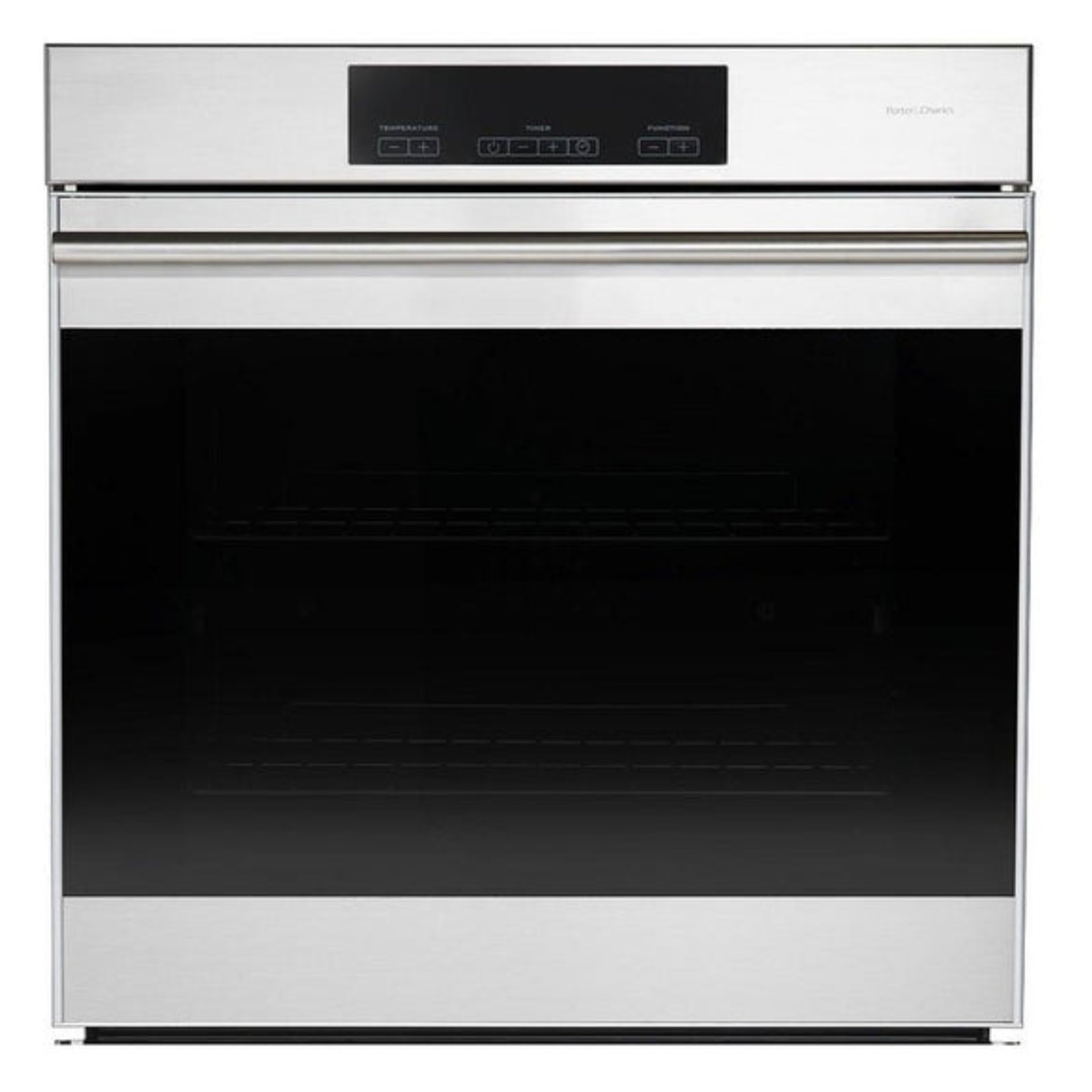 Front view of a Porter & Charles stainless steel single wall oven with a top control panel, wide bar handle, and large black glass door