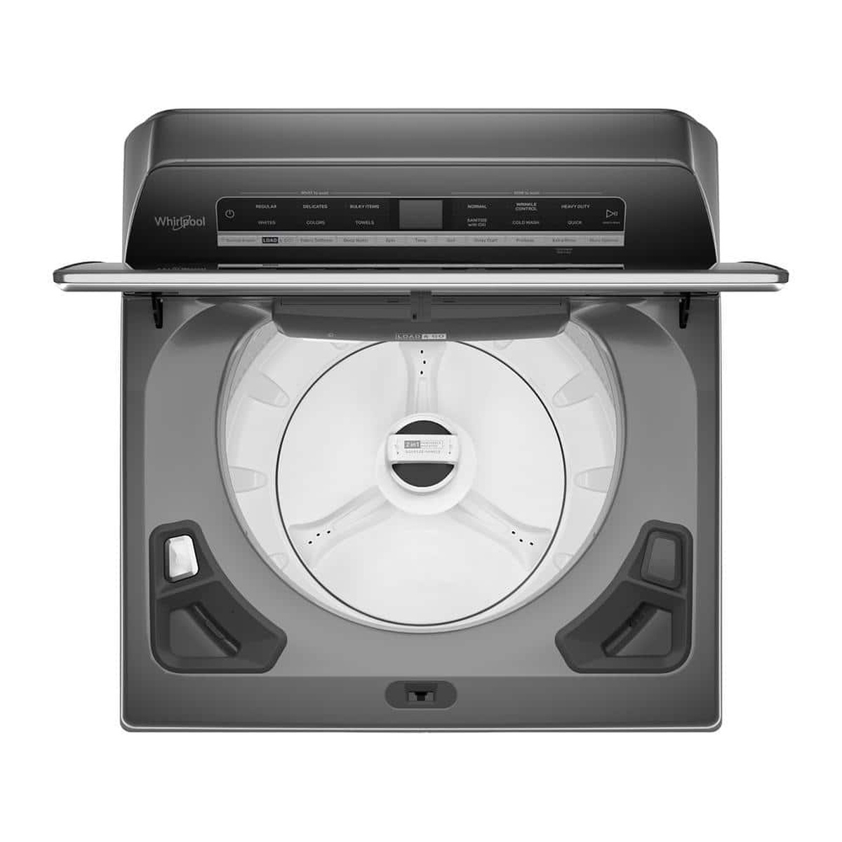 Top view of the Whirlpool washer with the lid open, showing the wash basket and center removable agitator assembly.
