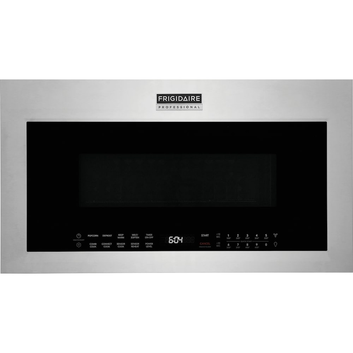 Front view of a Frigidaire Professional over-the-range microwave in stainless steel with a black glass door and touch controls