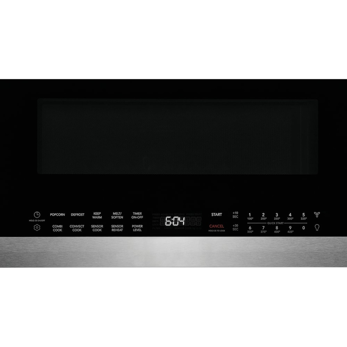Close-up of the microwave touch control panel showing cooking mode buttons and a digital clock