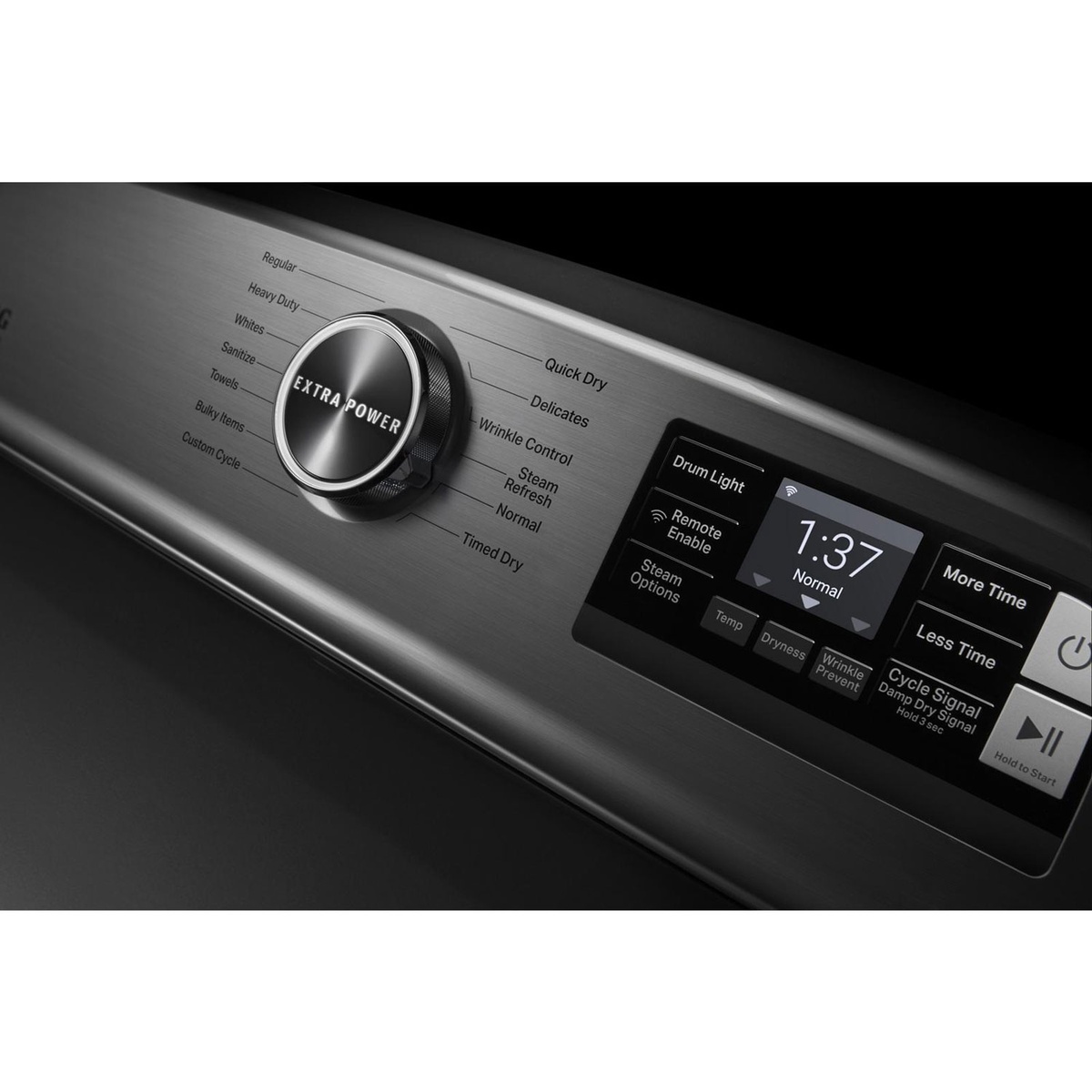 Angled close-up of the Maytag dryer control panel showing the Extra Power cycle knob and digital touchscreen