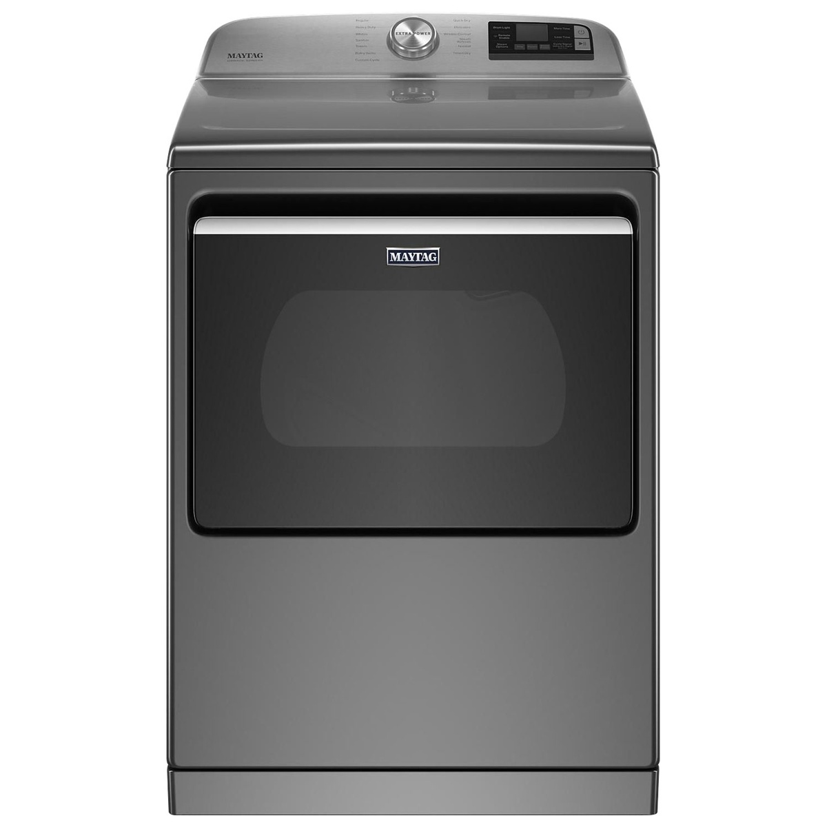 Front view of the Maytag metallic slate electric dryer with a large window door