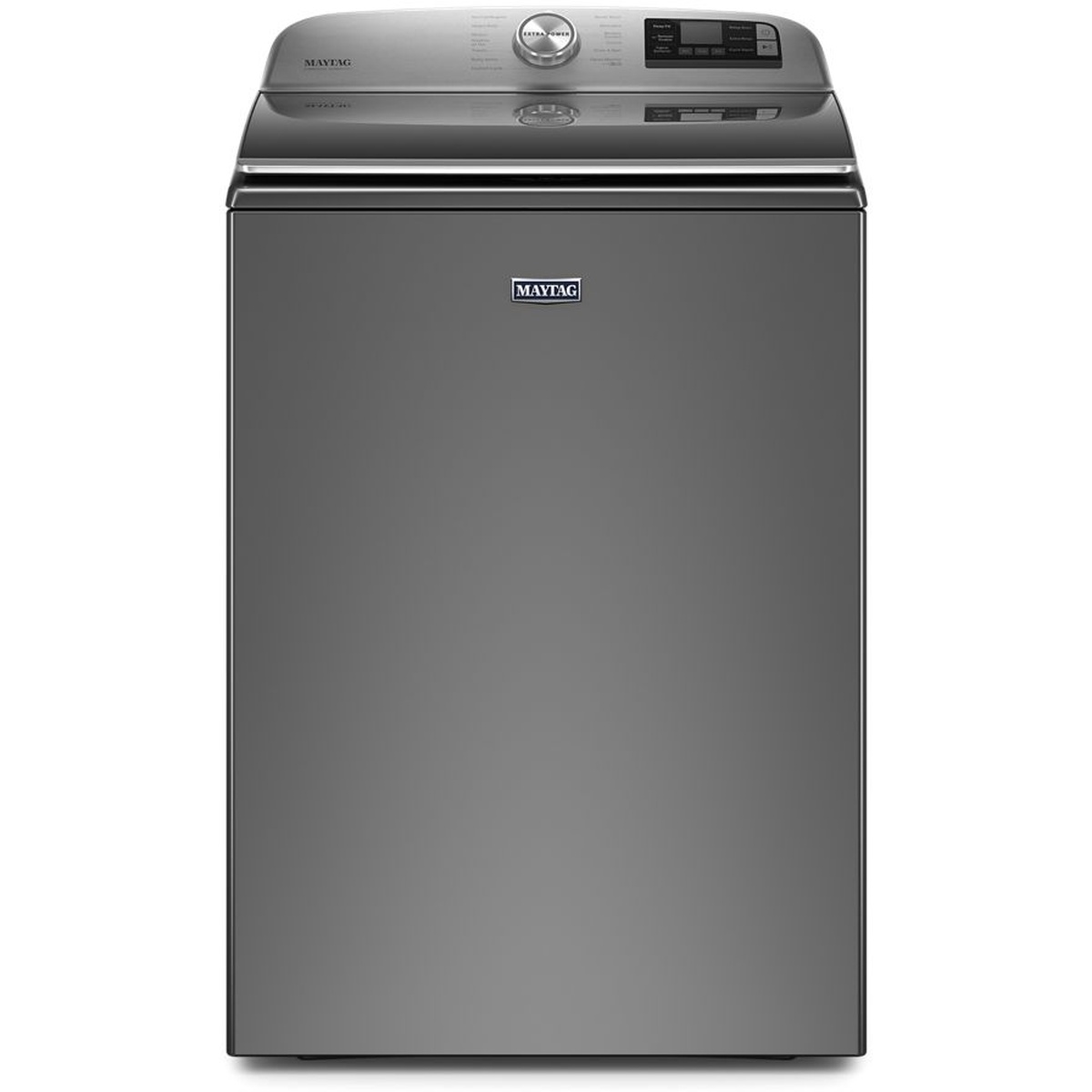 Front view of the Maytag MVW7230HC top-load washer in metallic slate with the Maytag badge and rear control console.