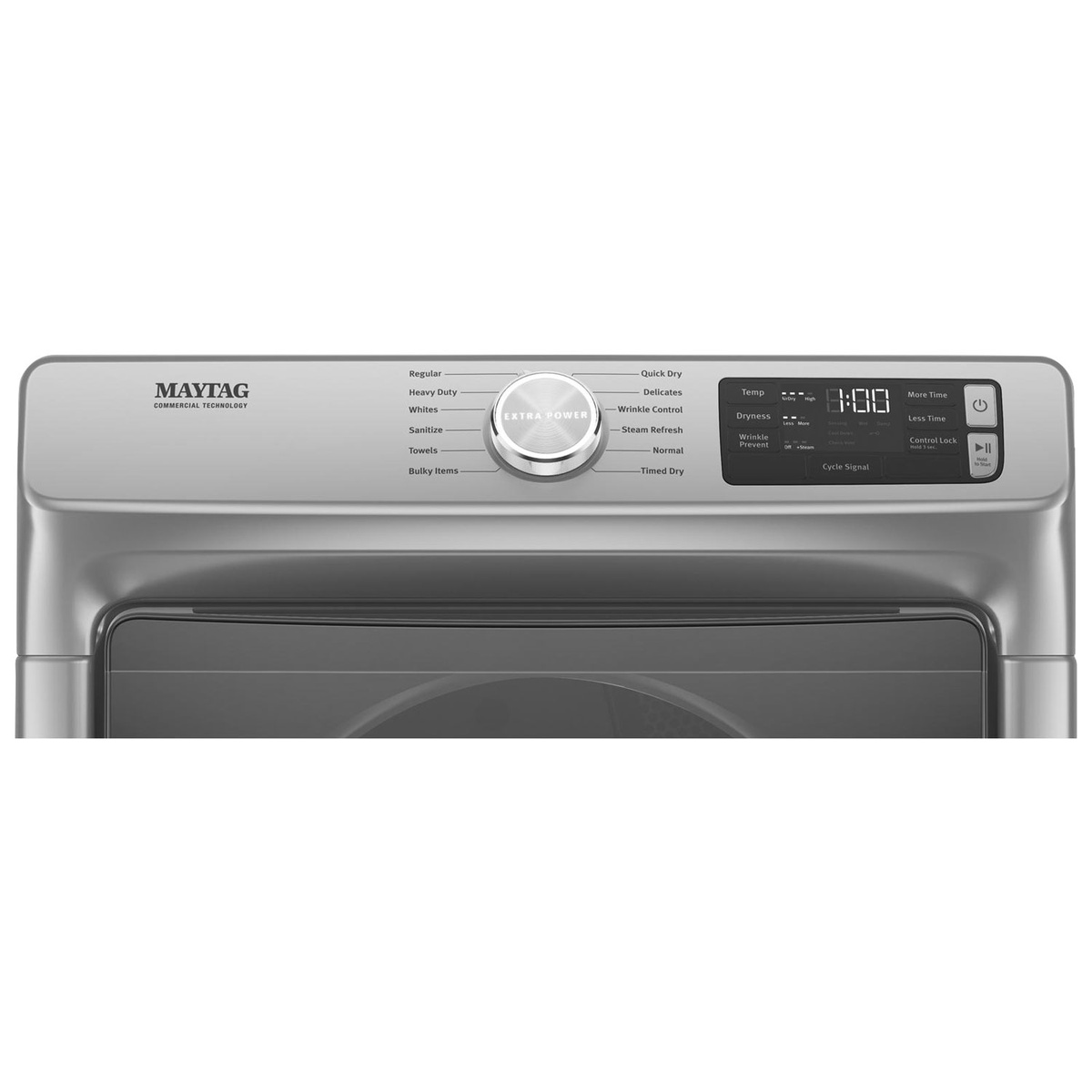 Close-up of the Maytag dryer control panel with a central cycle dial and a digital display