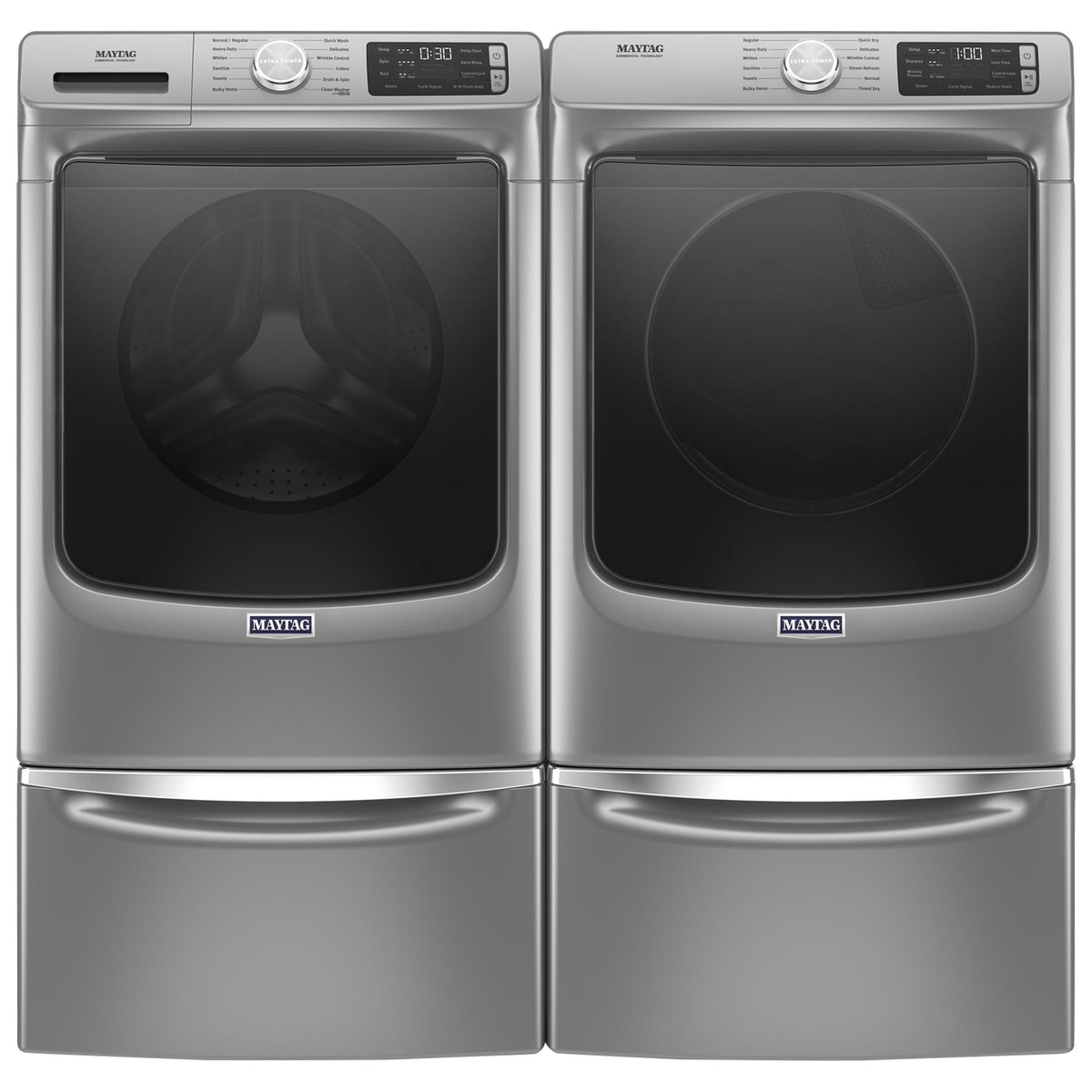 Matching Maytag front-load washer and dryer shown side by side with matching pedestals