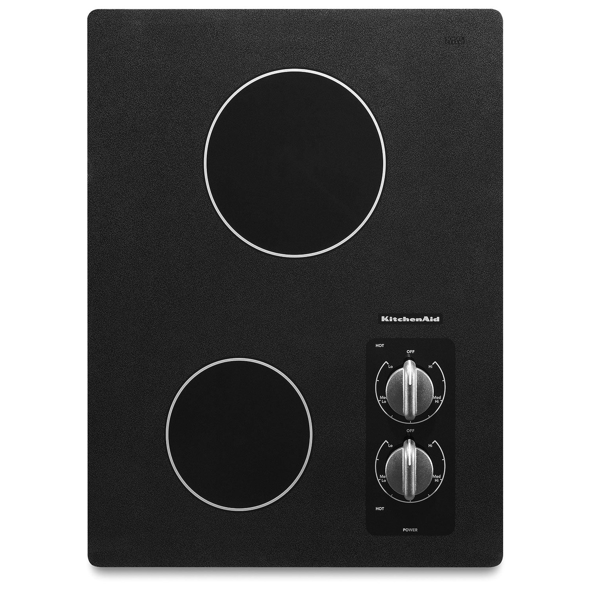 Black KitchenAid 15-inch electric cooktop with two circular elements and two front control knobs