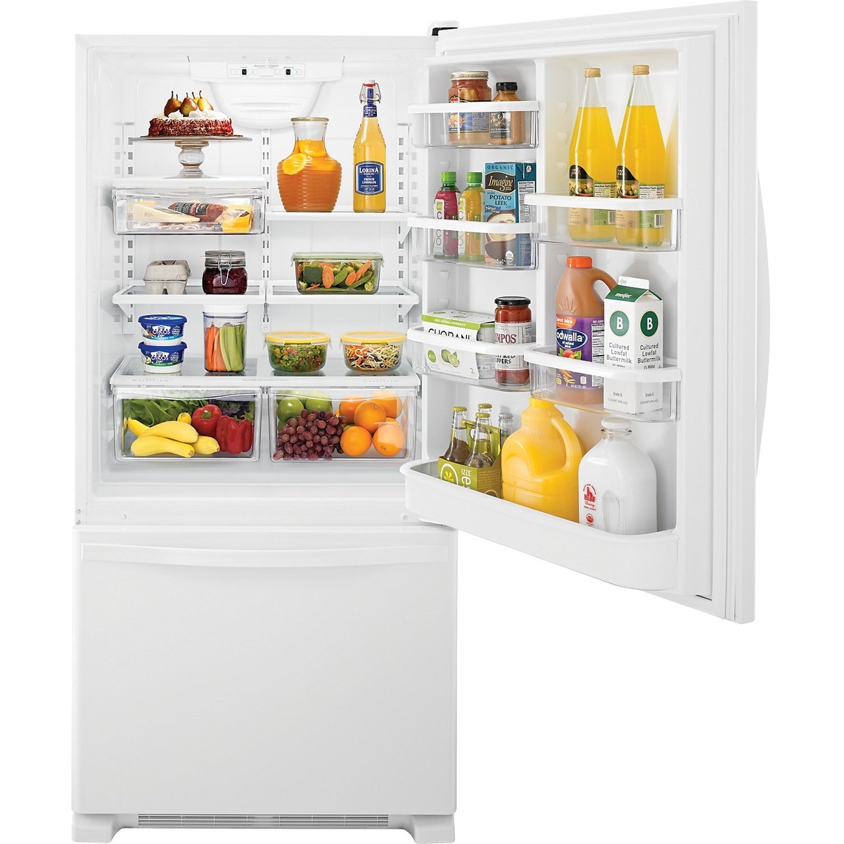 Open Whirlpool bottom-freezer refrigerator showing glass shelves, clear produce drawers, and multiple door bins filled with food and drinks