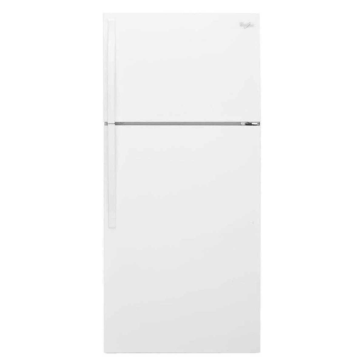 Front view of a white Whirlpool top-freezer refrigerator with a clean door design