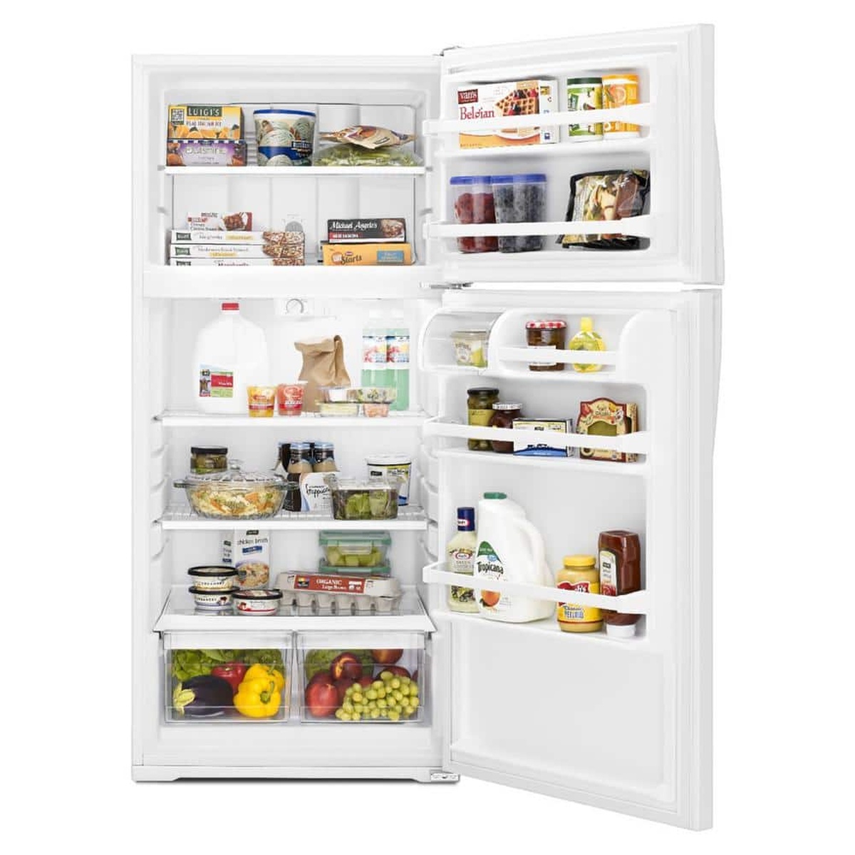 Open white Whirlpool top-freezer refrigerator showing freezer shelf and door bins, refrigerator wire shelves, door bins, and two clear crisper drawers