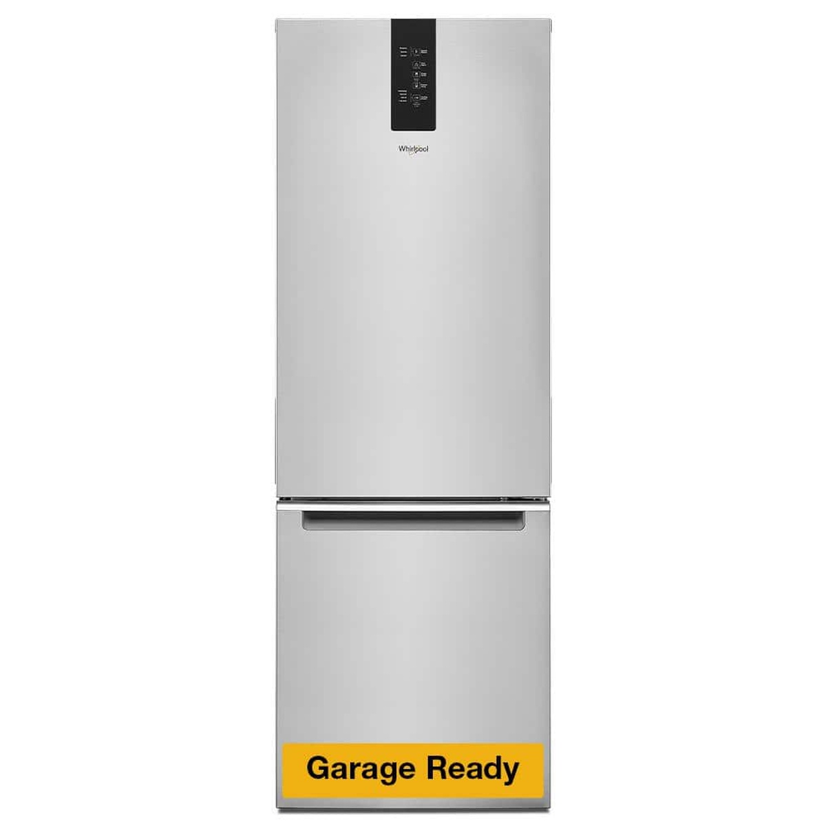 Front view of a Whirlpool bottom-freezer refrigerator with an exterior control panel and a Garage Ready label
