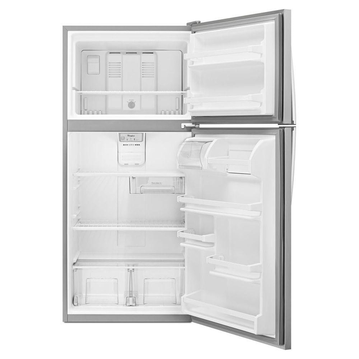 Open Whirlpool top-freezer refrigerator showing the freezer compartment, interior control panel, shelves, door bins, and crisper drawers