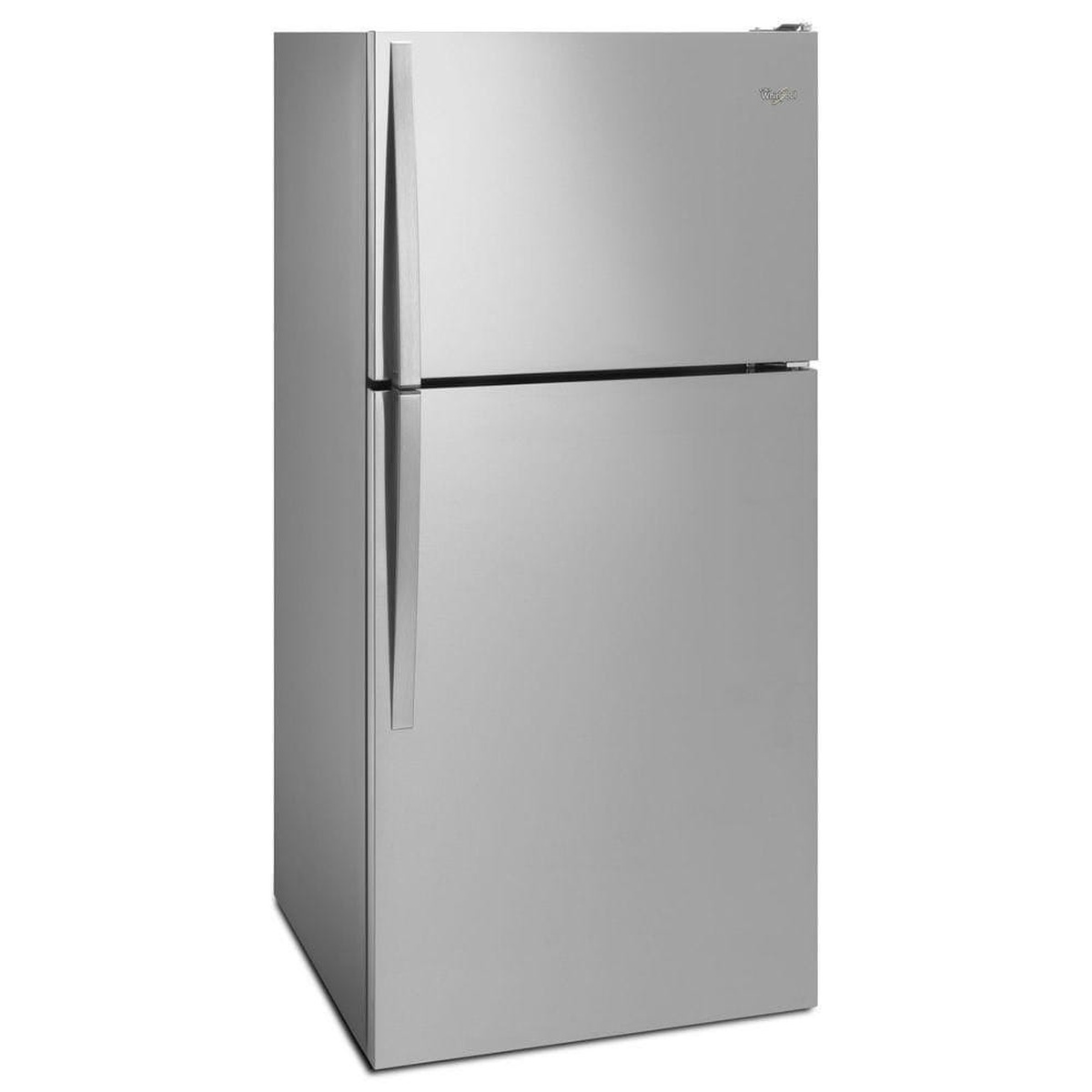 Angled front view of a Whirlpool stainless steel top-freezer refrigerator with vertical handles