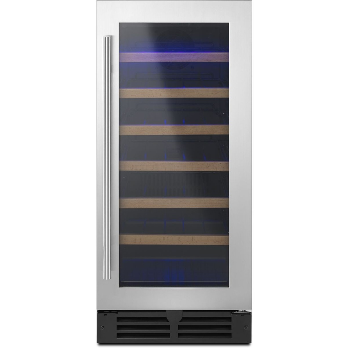 Front view of Whirlpool 15-inch undercounter wine center with stainless steel frame, glass door, and towel bar handle