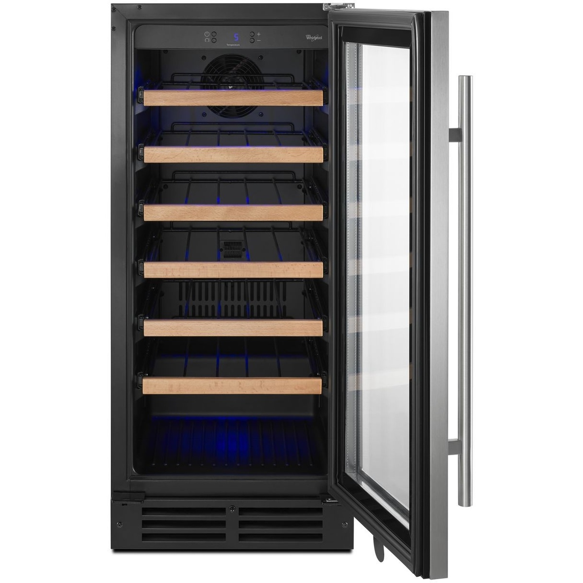 Open Whirlpool undercounter wine center showing blue LED control display, interior lighting, and six wood-fronted wire shelves