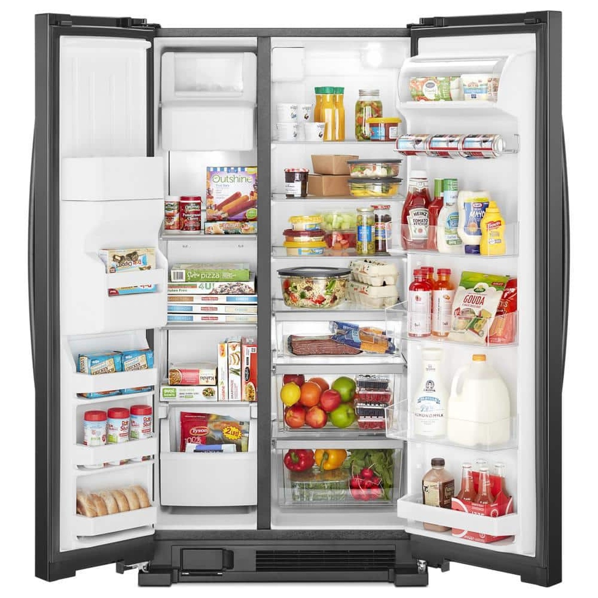 Open Whirlpool side-by-side refrigerator showing shelves, drawers, and multiple door bins filled with groceries