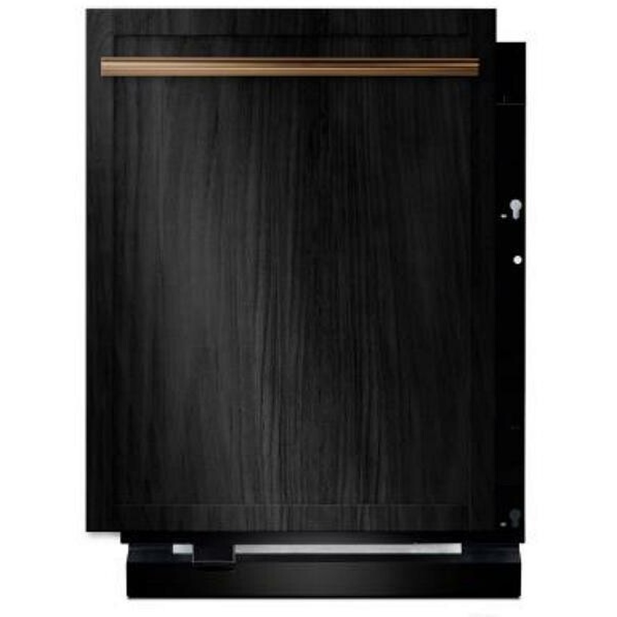 Front view of a JennAir fully integrated panel-ready dishwasher shown with a custom wood panel and horizontal handle.