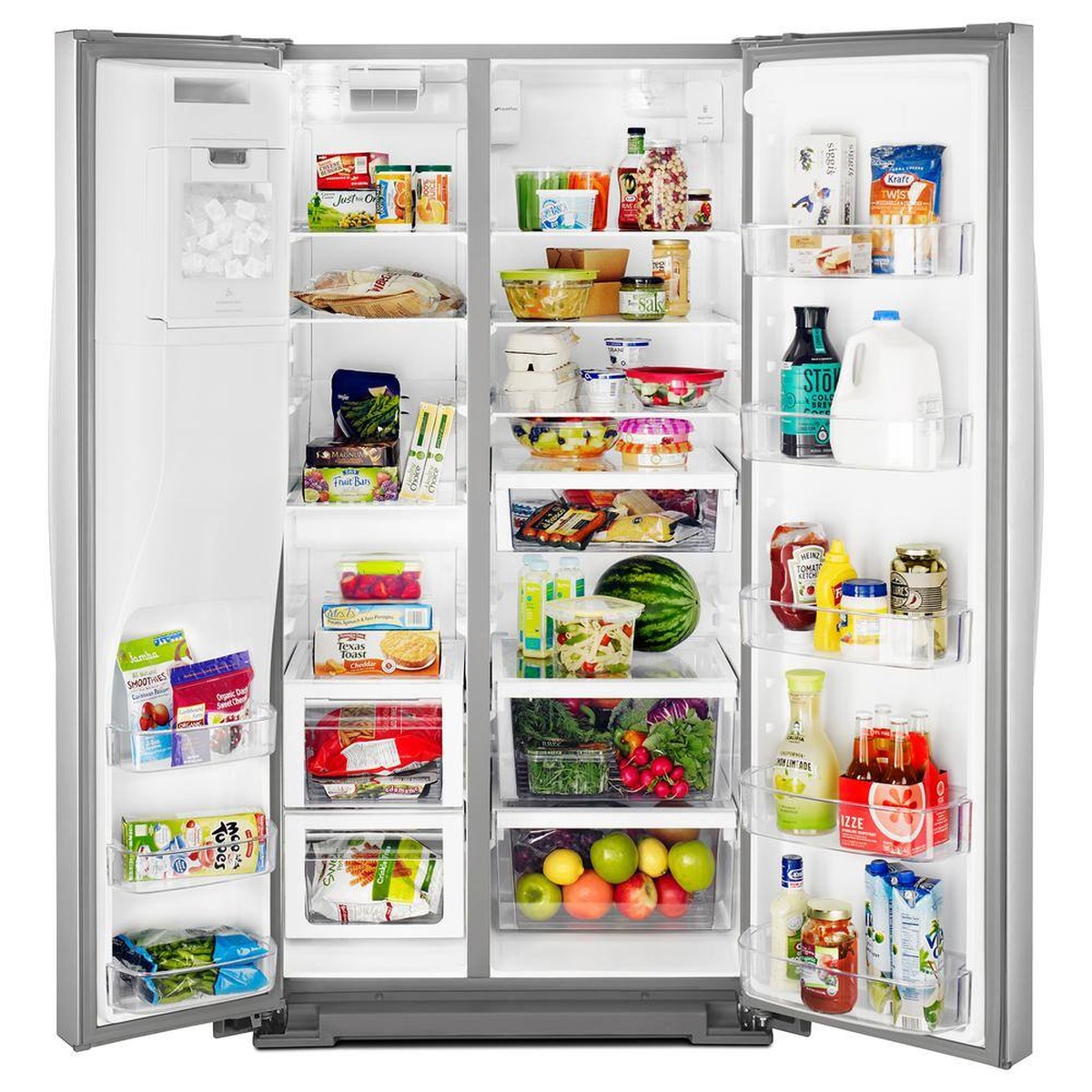 Open Whirlpool side-by-side refrigerator showing in-door ice bin, glass shelves, drawers, and door bins filled with food
