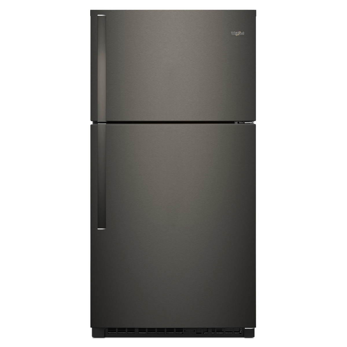 Front view of a Whirlpool top-freezer refrigerator in Black Stainless with long vertical handles