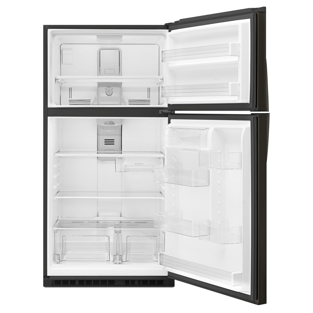 Open Whirlpool top-freezer refrigerator showing full-width freezer shelf, refrigerator shelves, door bins, and two clear crisper drawers