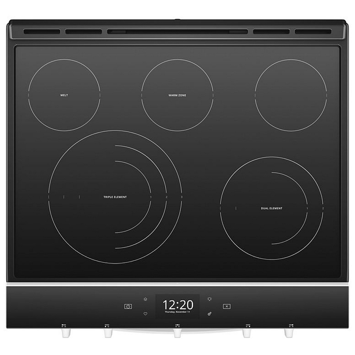 Top-down view of the black ceramic-glass cooktop with five radiant cooking zones and a front display