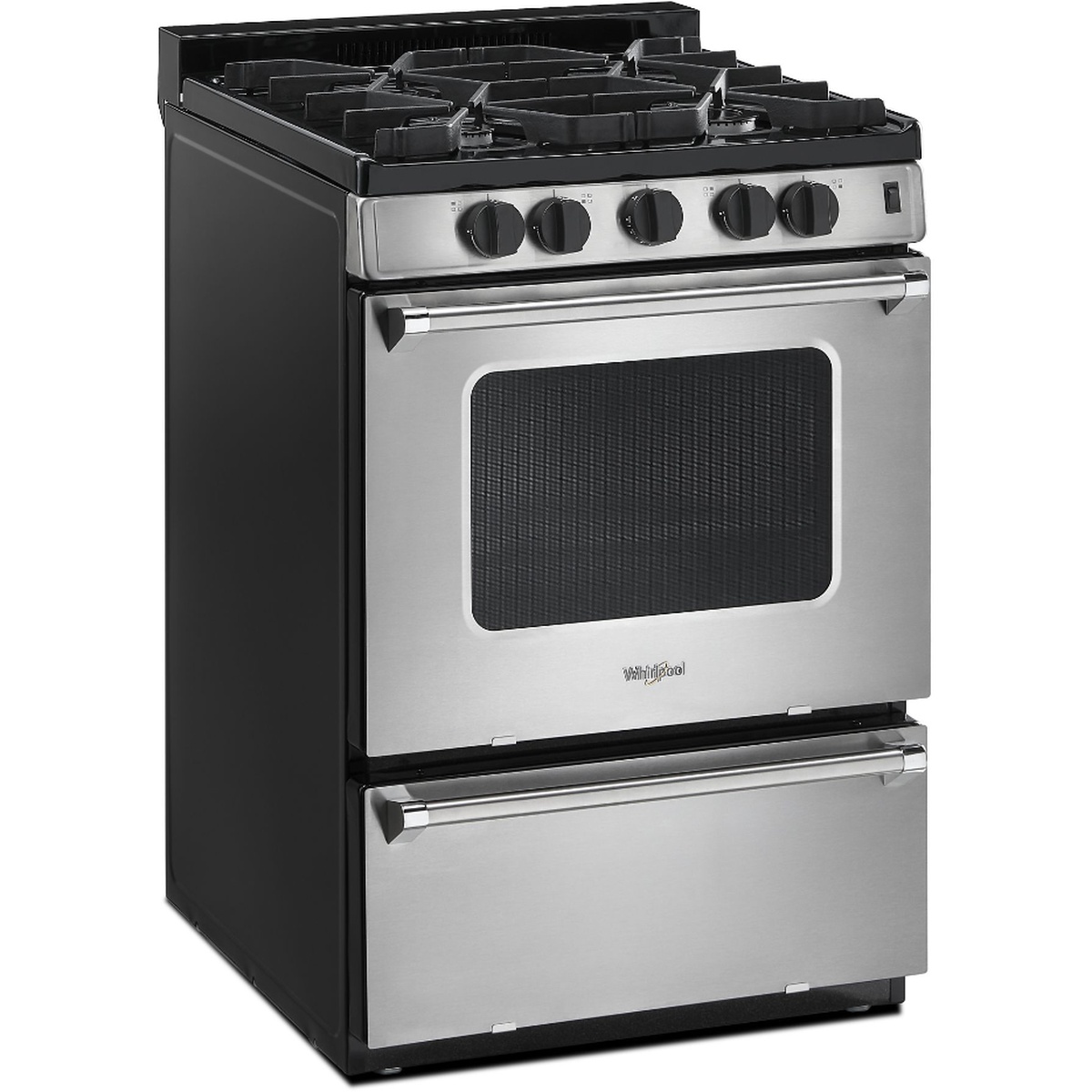 Angled front view of the Whirlpool 24-inch freestanding gas range with knob controls and oven door