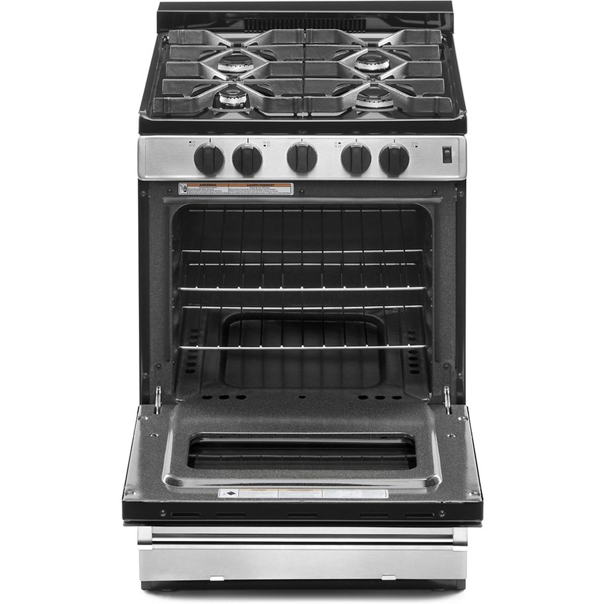 Whirlpool freestanding gas range with the oven door open showing two racks and the cooktop above
