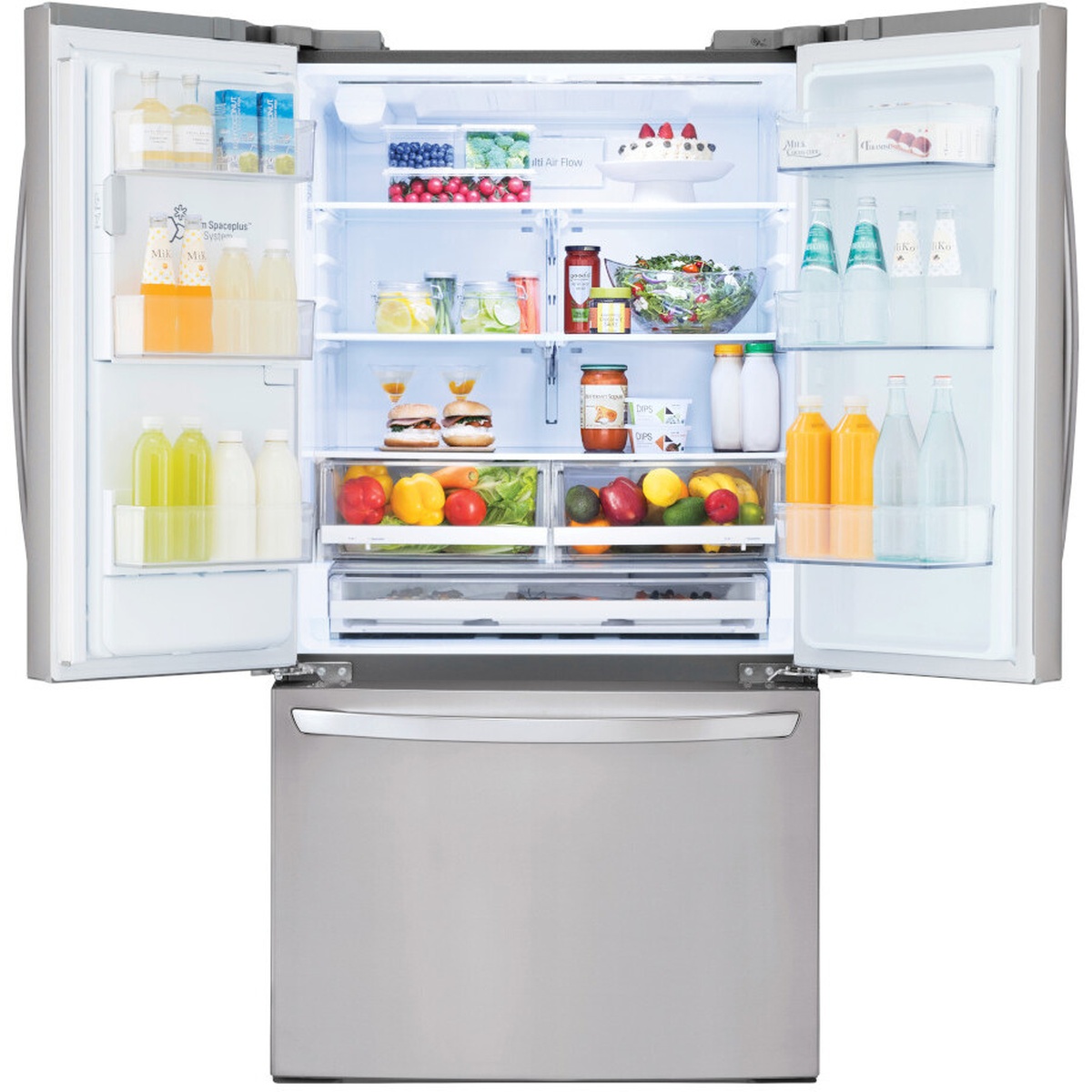 Open LG French door refrigerator showing bright interior lighting, multiple glass shelves, two produce drawers, door bins, and a bottom freezer drawer