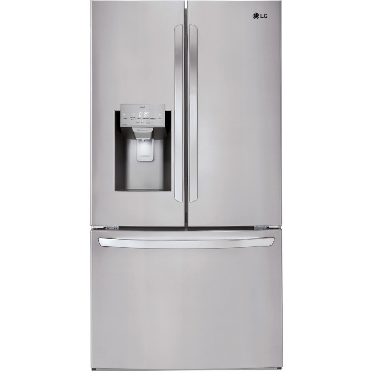 Front view of an LG stainless French door refrigerator with an in-door ice and water dispenser and bottom freezer drawer