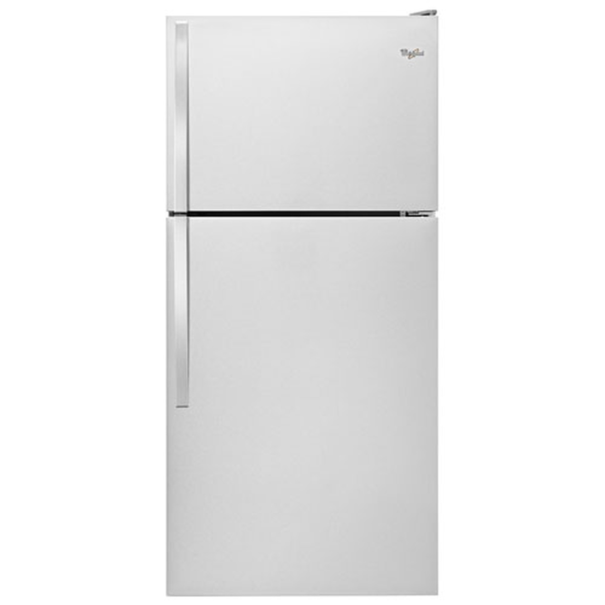 Front view of Whirlpool stainless steel top-freezer refrigerator with separate freezer and refrigerator doors