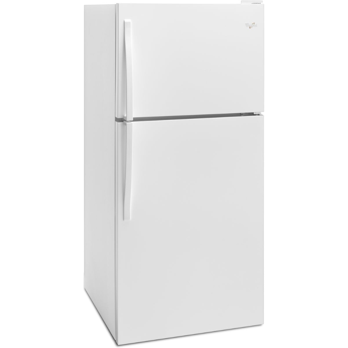 Angled exterior view of a white Whirlpool top-freezer refrigerator with reach-through handles