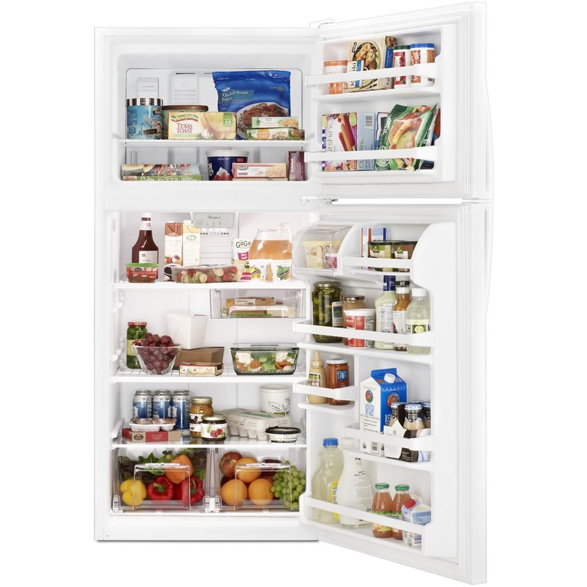 Open Whirlpool top-freezer refrigerator interior filled with food, showing shelves, door bins, and two clear produce drawers