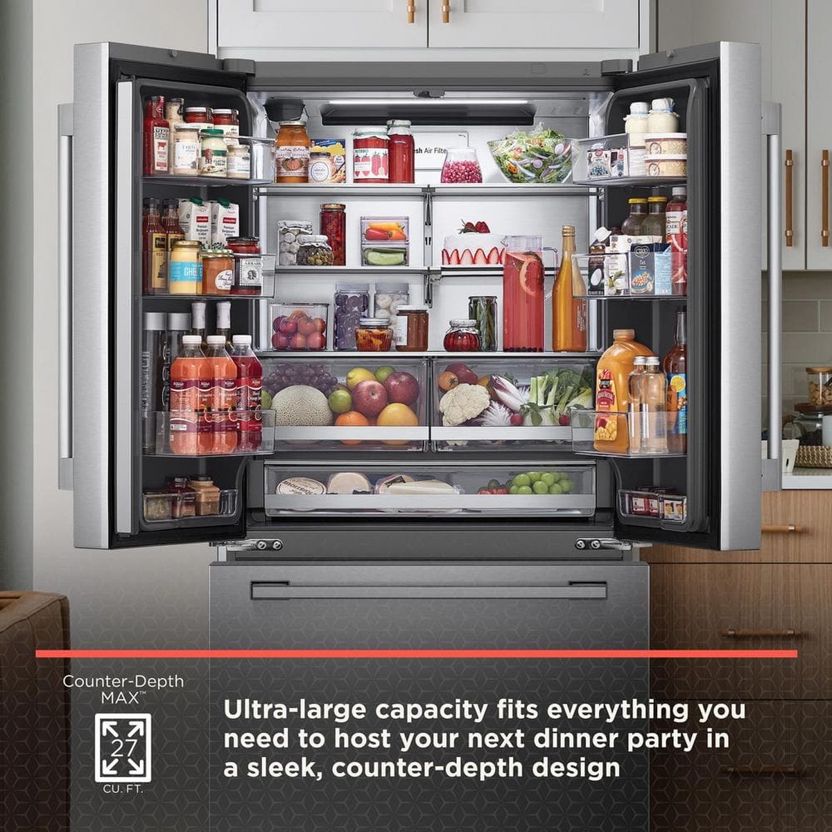 Open LG STUDIO French door refrigerator in a kitchen, fully stocked, showing shelves, door bins, crispers, and a full-width drawer