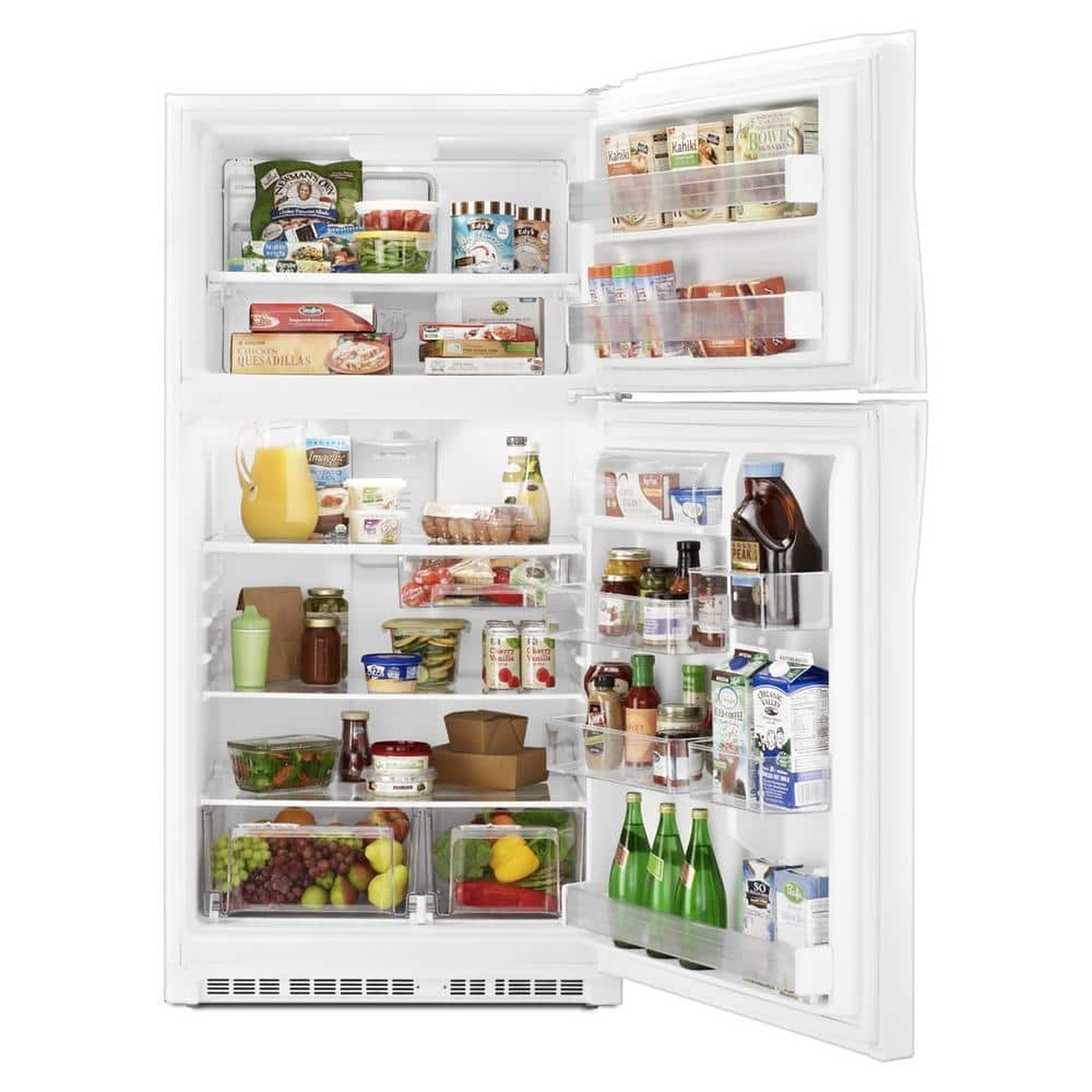 Open Whirlpool top-freezer refrigerator stocked with food, showing glass shelves, door bins, and two clear crispers