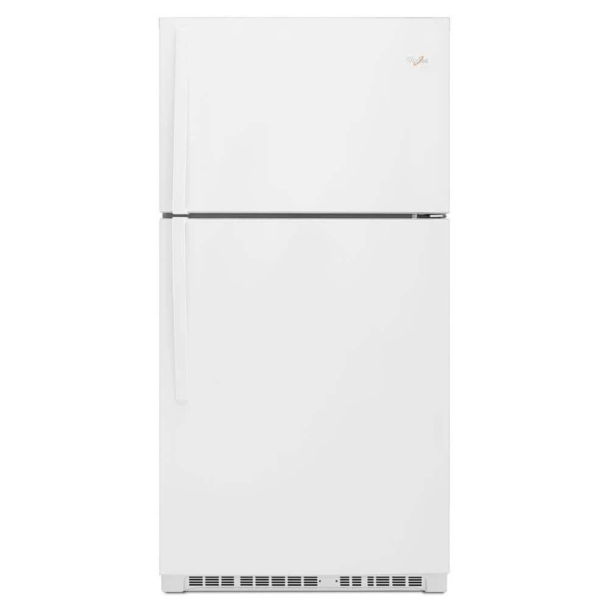 Front view of a white Whirlpool top-freezer refrigerator