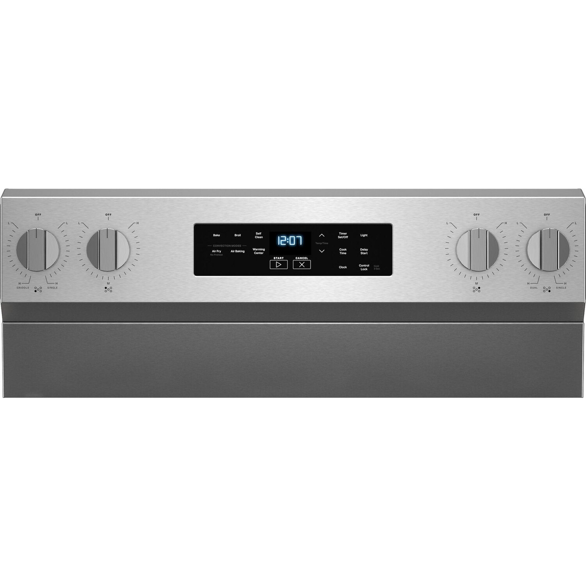 Close-up of the Maytag range back control panel with four burner knobs and a central digital display showing bake, broil, self clean, and convection mode labels
