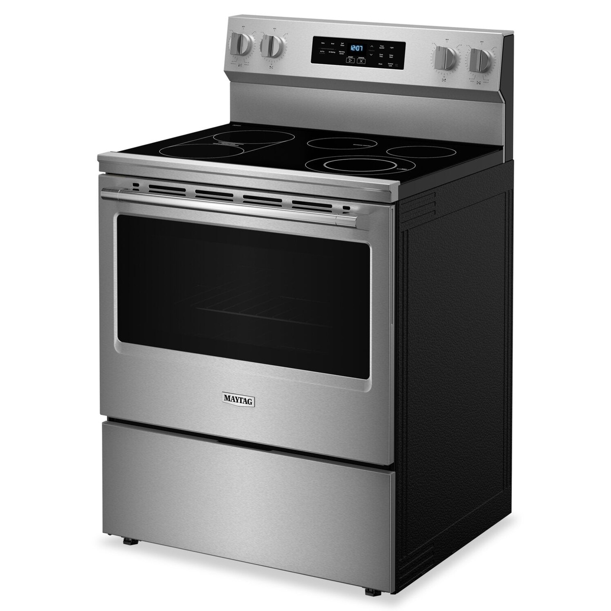 Angled view of a stainless steel Maytag freestanding electric range with smooth ceramic cooktop and storage drawer