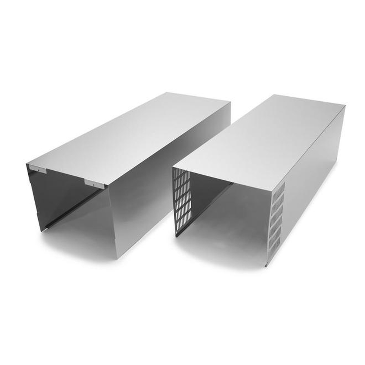 Two stainless steel chimney extension cover pieces for a wall range hood
