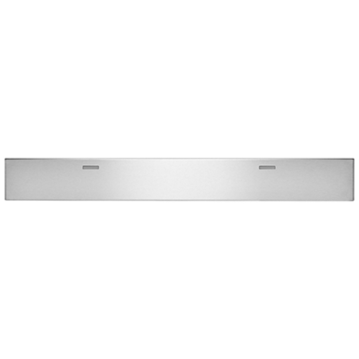 Front view of a long stainless steel refrigerator toe kick panel with two small rectangular cutouts